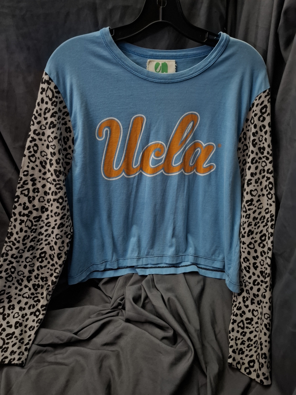 UCLA Blue Cropped Upcycled Product Long Sleeve Top with Leopard Sleeves